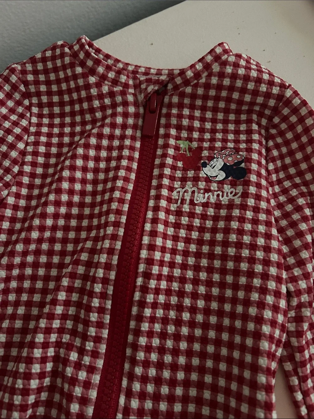 Long-Sleeve Red Gingham One-Piece Swim Suit for Kids
